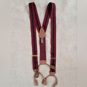 Trafalgar Red Blue Stripe Silk and Brown Leather Suspenders OS